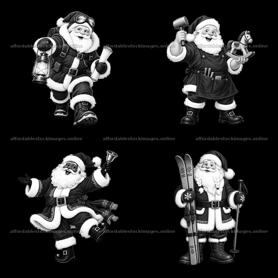 Monochrome four cartoon figure stickers in a square arrangement – stock images 7746x7746