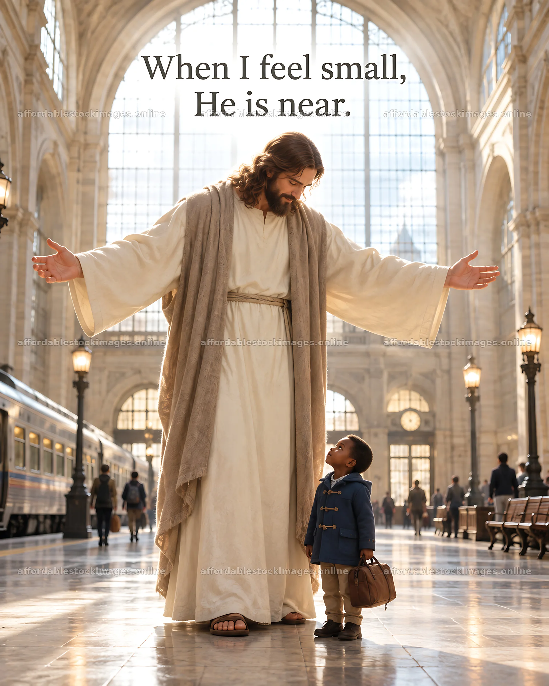 Jesus Christ comforts a child in a busy train station – stock images 6930x8659