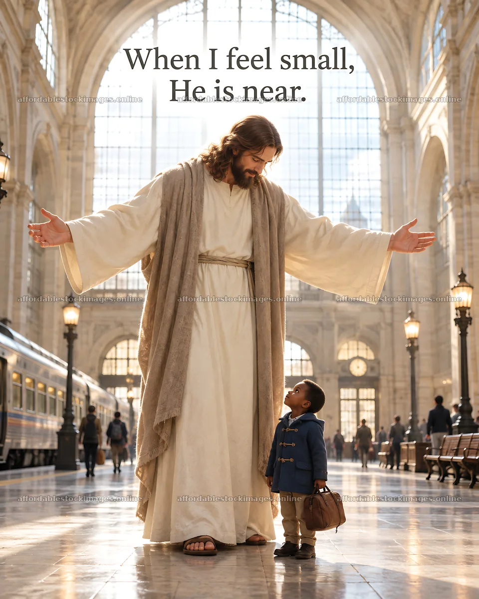Jesus Christ comforts a child in a busy train station – stock images 6930x8659