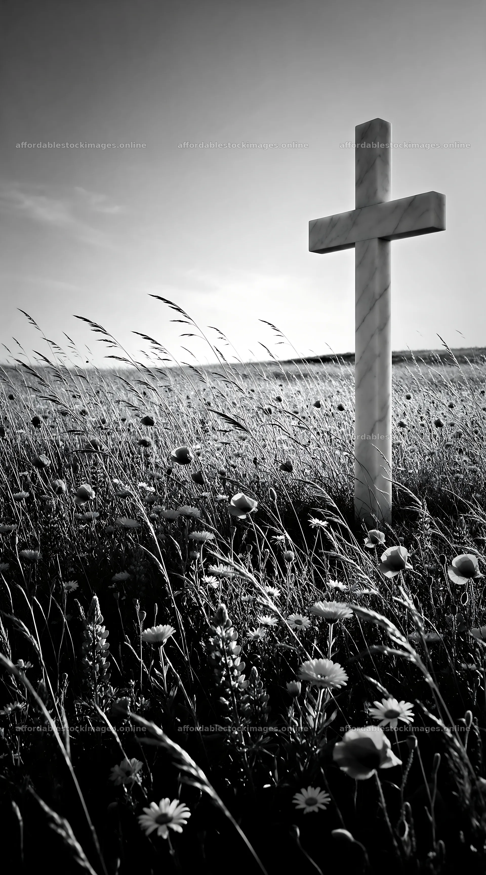 Christian cross in meadow surrounded by flowers – stock images 5916x10648