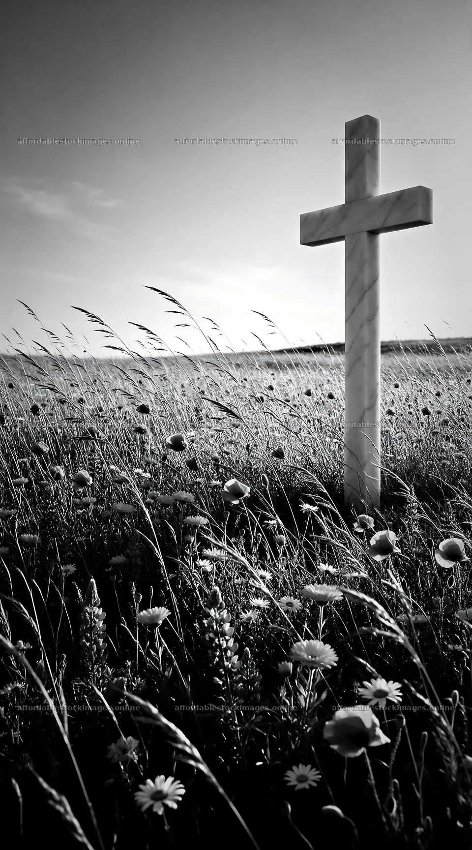 Christian cross in meadow surrounded by flowers – stock images 5916x10648