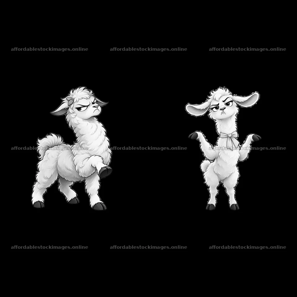 Grumpy llama duo with raised hooves and playful expressions – stock images 7746x7746