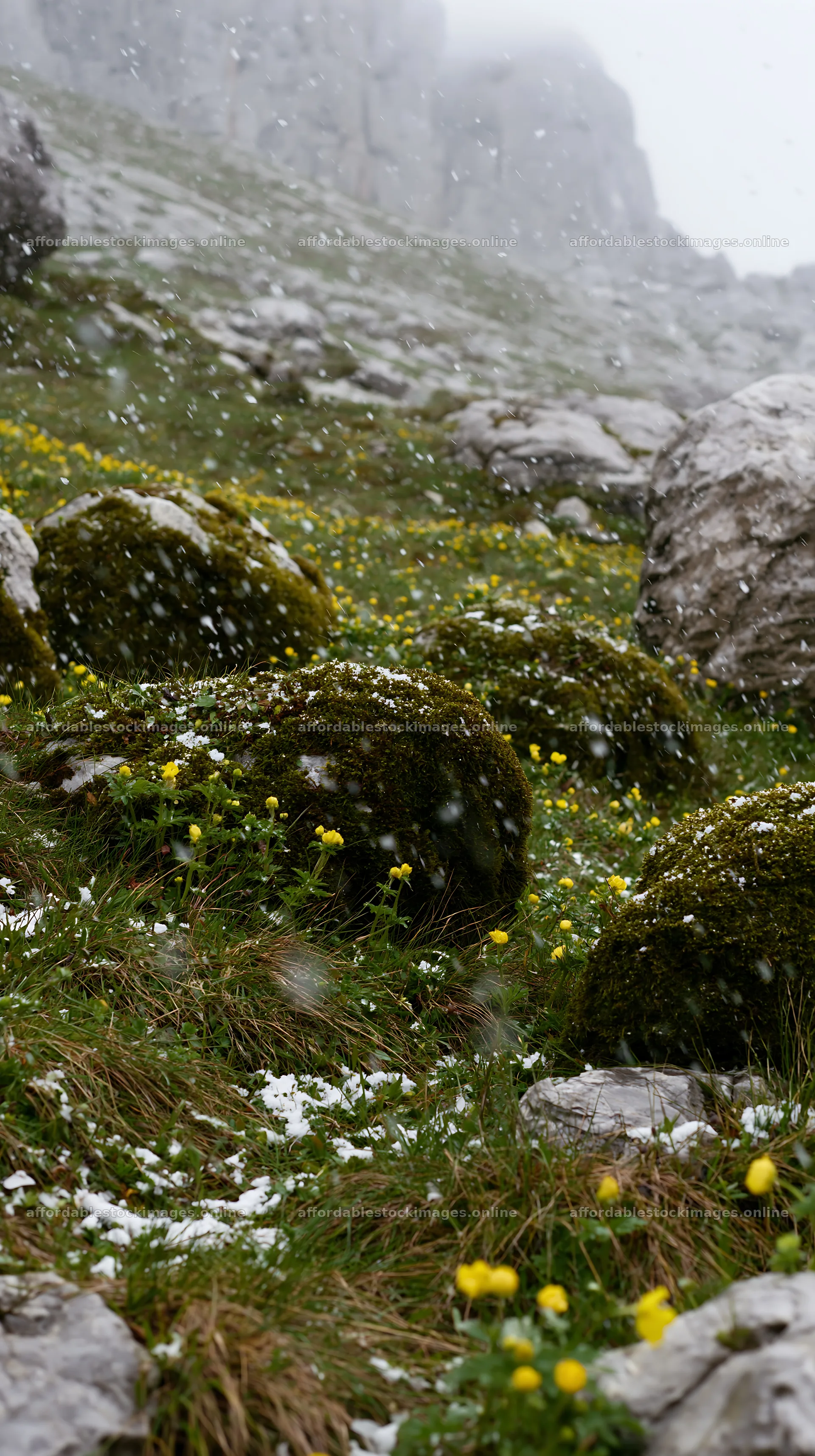 Mossy boulders in a meadow with yellow flowers and snow – stock images 5938x10608