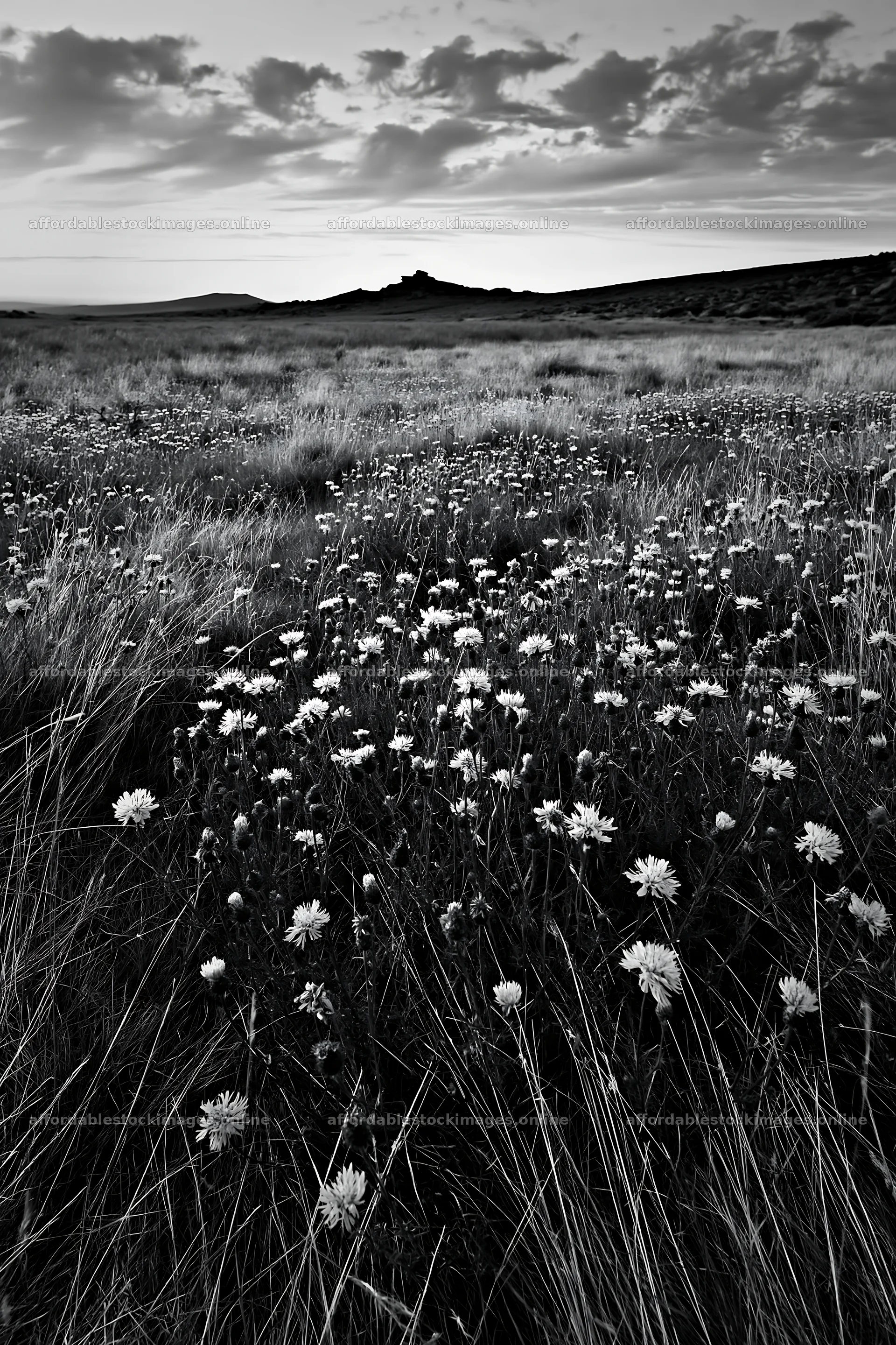 Meadow of knapweed under a cloudy sky in black and white – stock images 6480x9722
