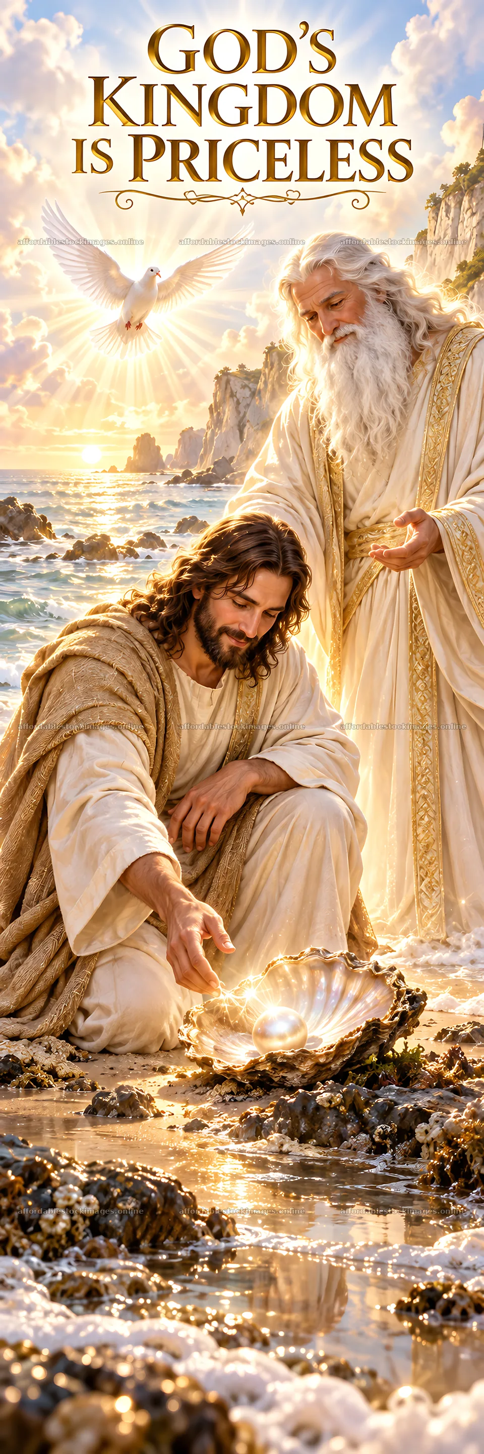 Jesus Christ discovering a precious pearl on the shore – stock images 4472x13417