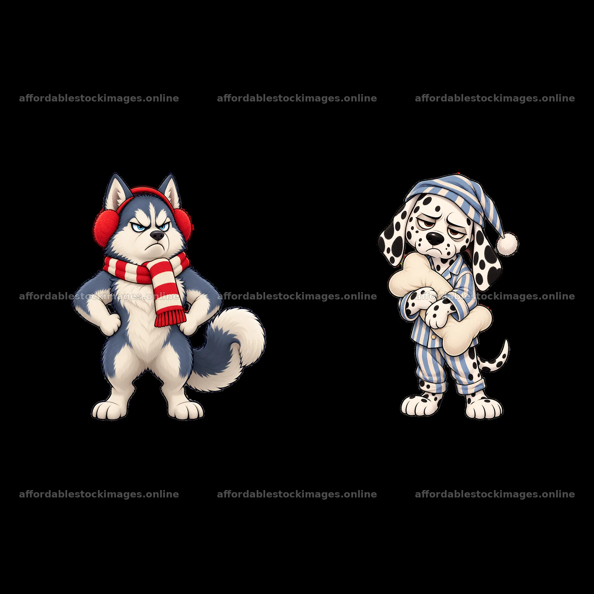 Grumpy dog characters with winter accessories and expressions – stock images 7746x7746