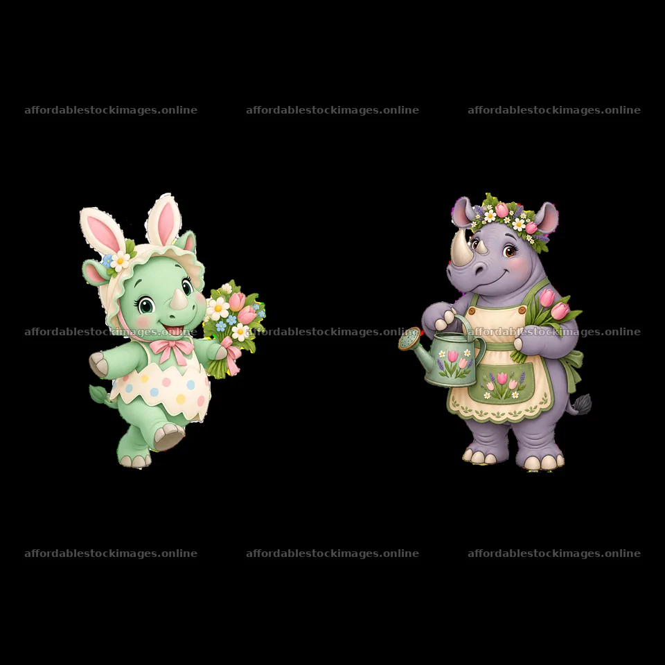 Easter rhinoceros characters with flowers and bunny ears – stock images 7746x7746