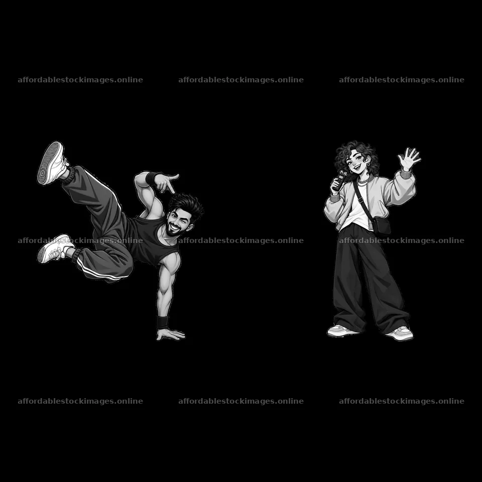 Hip-hop dancers performing breakdancing and rapping – stock images 7746x7746