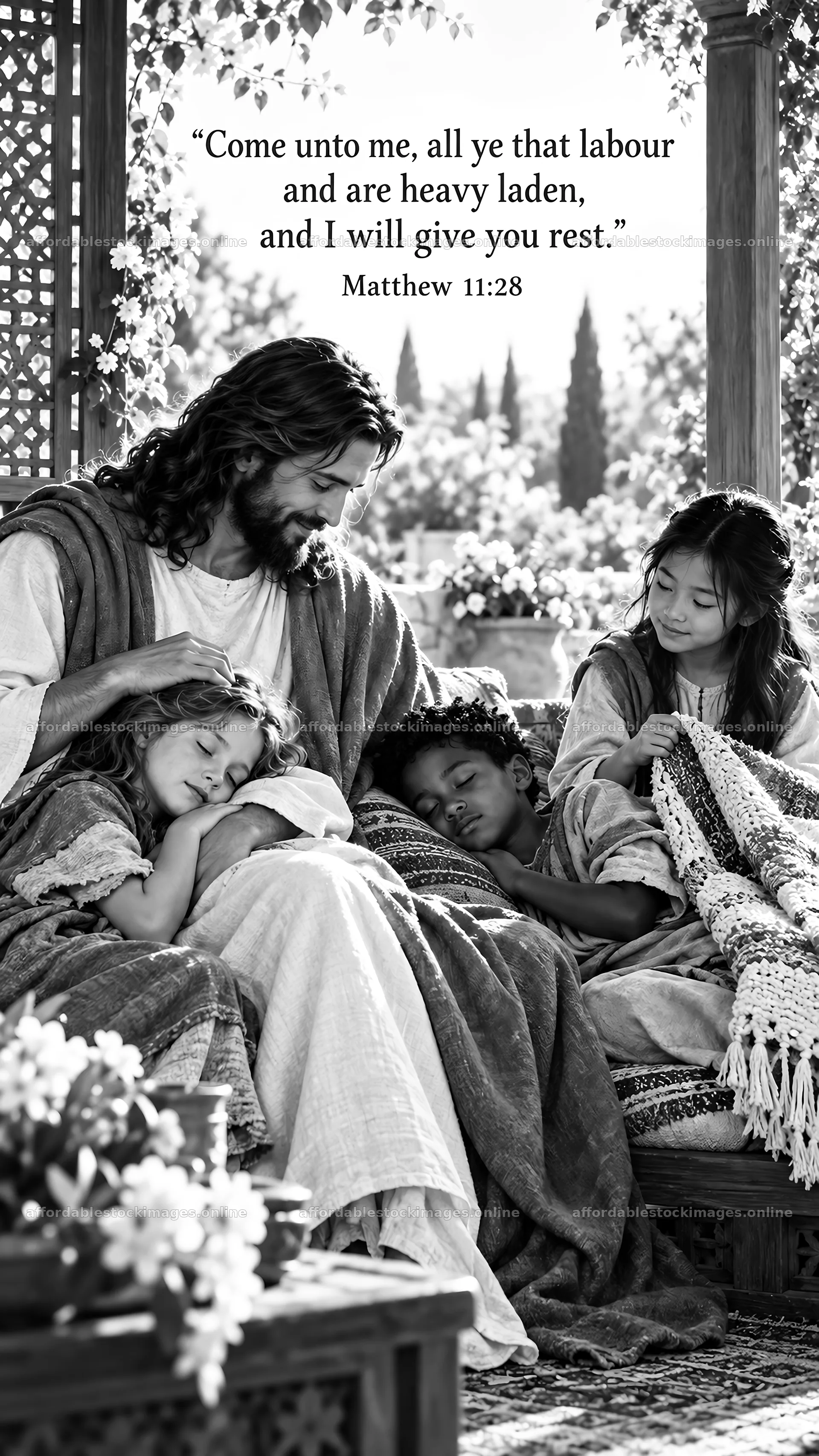 Jesus Christ comforting children in a peaceful garden setting – stock images 5811x10326