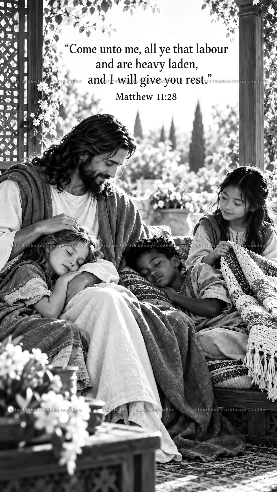 Jesus Christ comforting children in a peaceful garden setting – stock images 5811x10326
