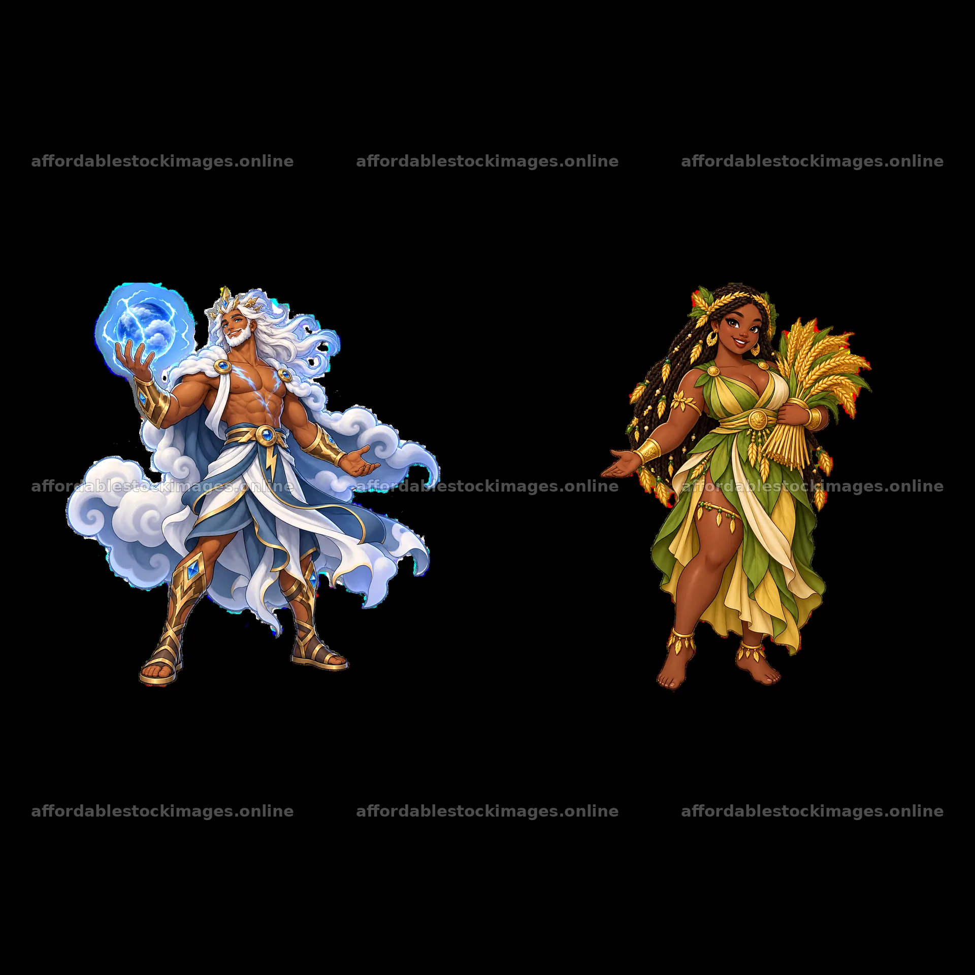 Pagan gods in a vibrant cartoon style with elemental powers – stock images 7746x7746