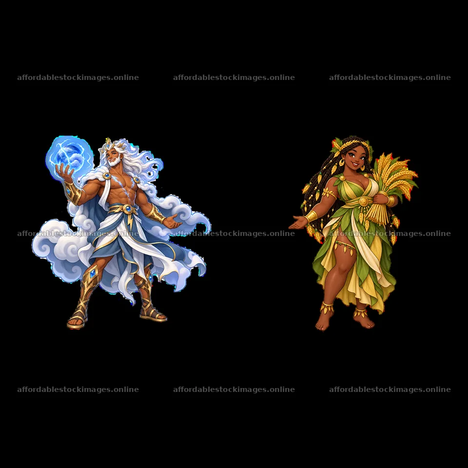 Pagan gods in a vibrant cartoon style with elemental powers – stock images 7746x7746
