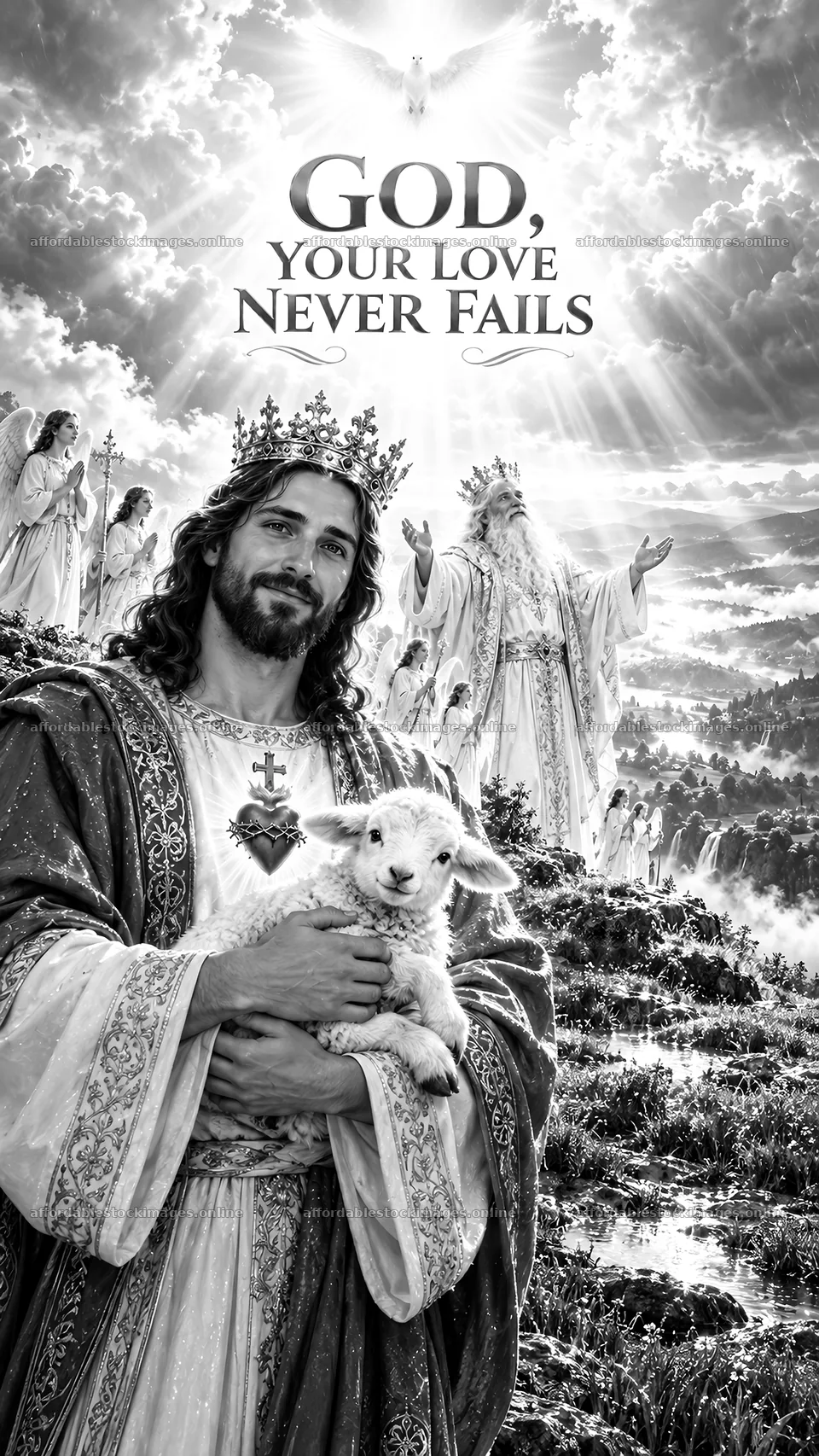 Jesus Christ holding a lamb in a heavenly setting – stock images 5811x10326