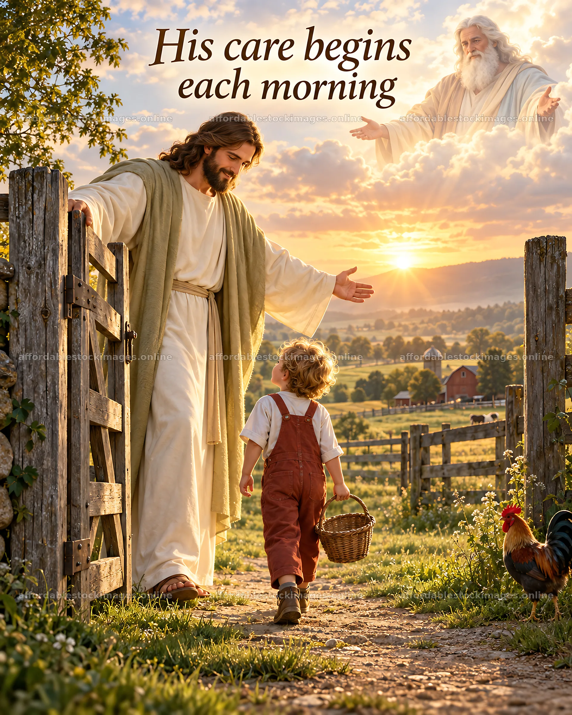 Jesus Christ welcomes a child in a morning pastoral scene – stock images 6930x8659