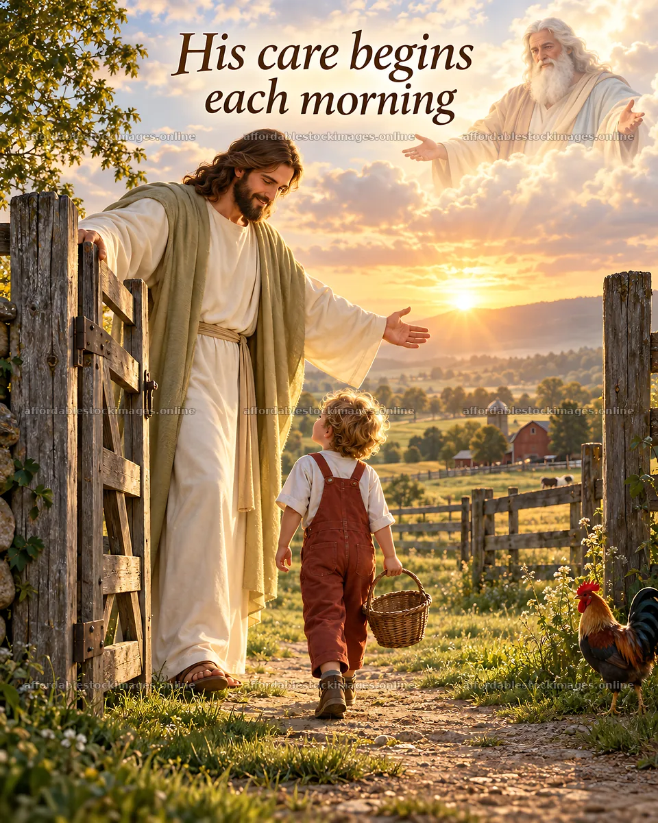 Jesus Christ welcomes a child in a morning pastoral scene – stock images 6930x8659