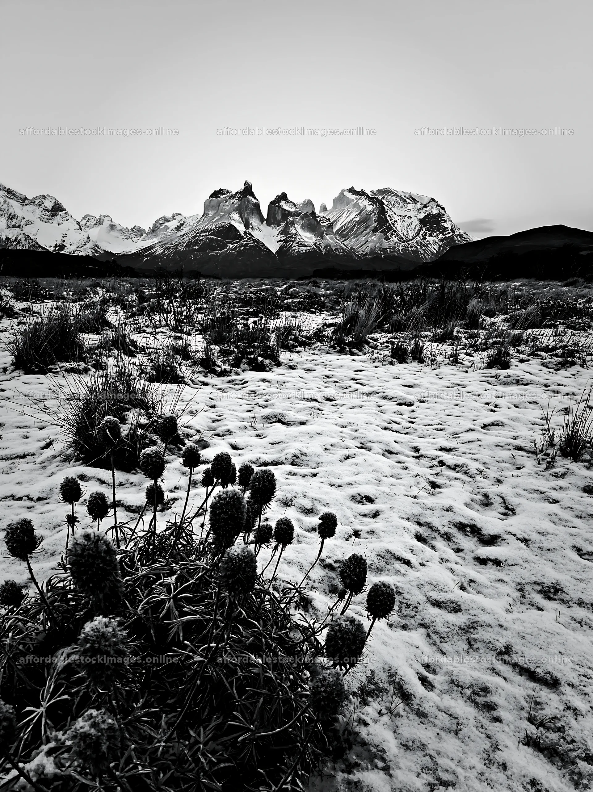 Torres del Paine meadow snow with mountains in the background – stock images 6866x9174