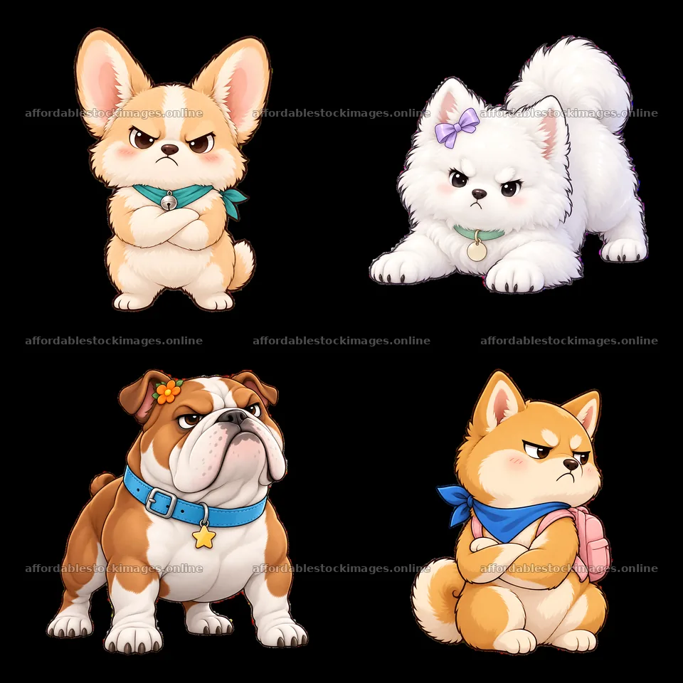 Kawaii cartoon grumpy dogs in a 2x2 grid illustration – stock images 7746x7746