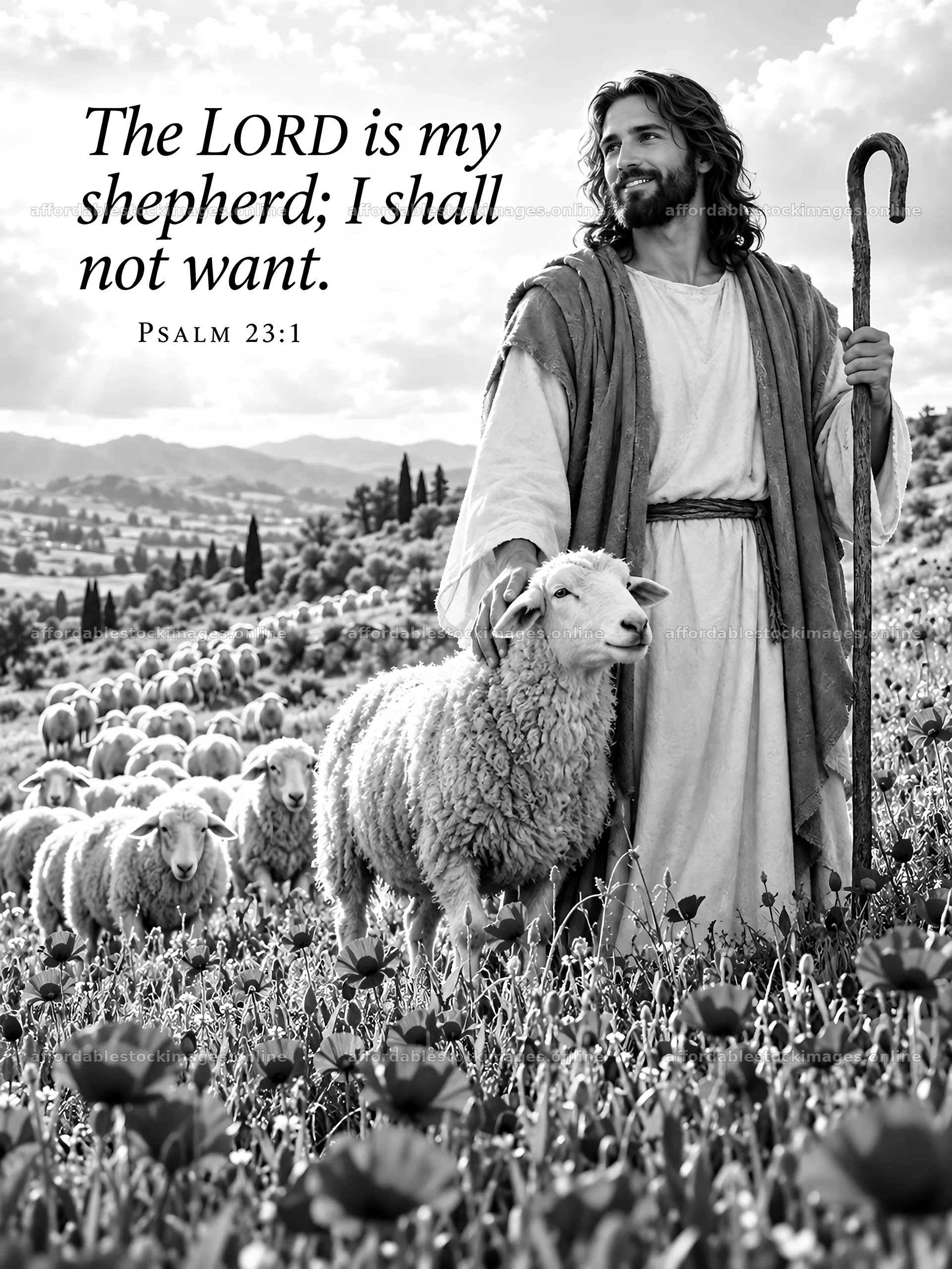 Jesus Christ as the Good Shepherd guiding sheep in a field – stock images 6708x8945