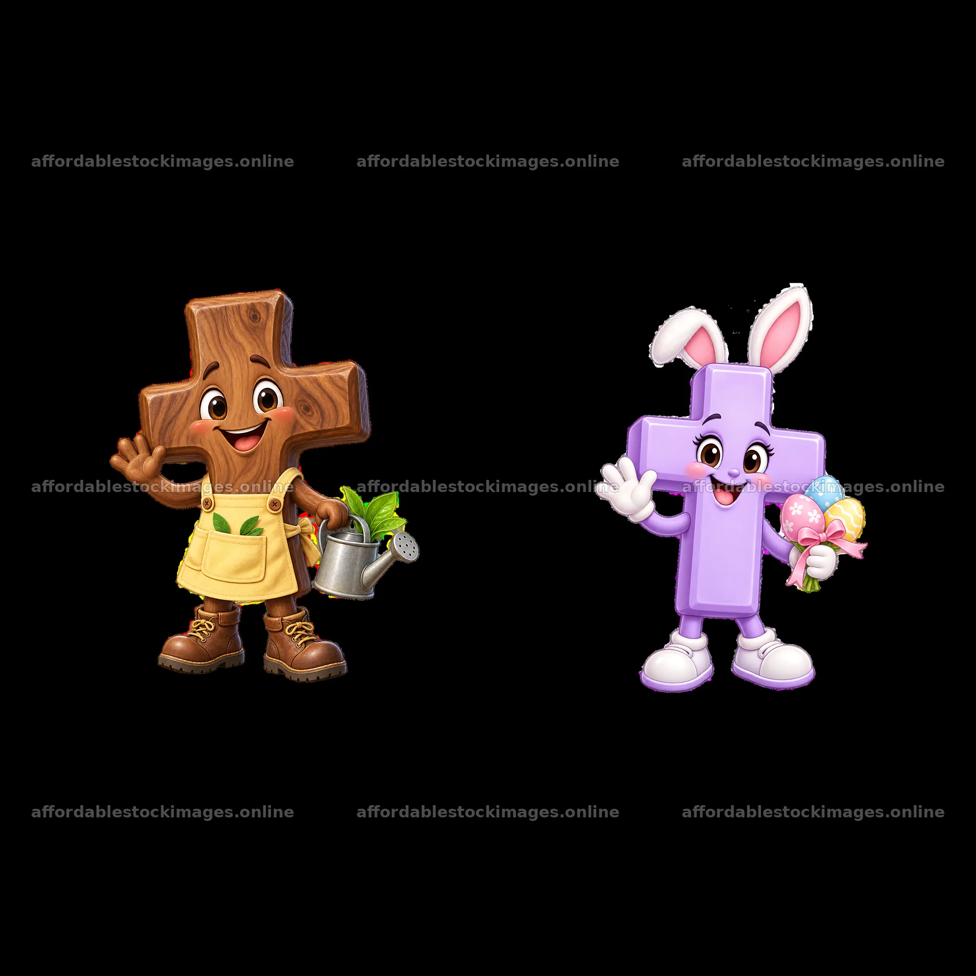Easter cross characters with watering can and candy bouquet – stock images 7746x7746