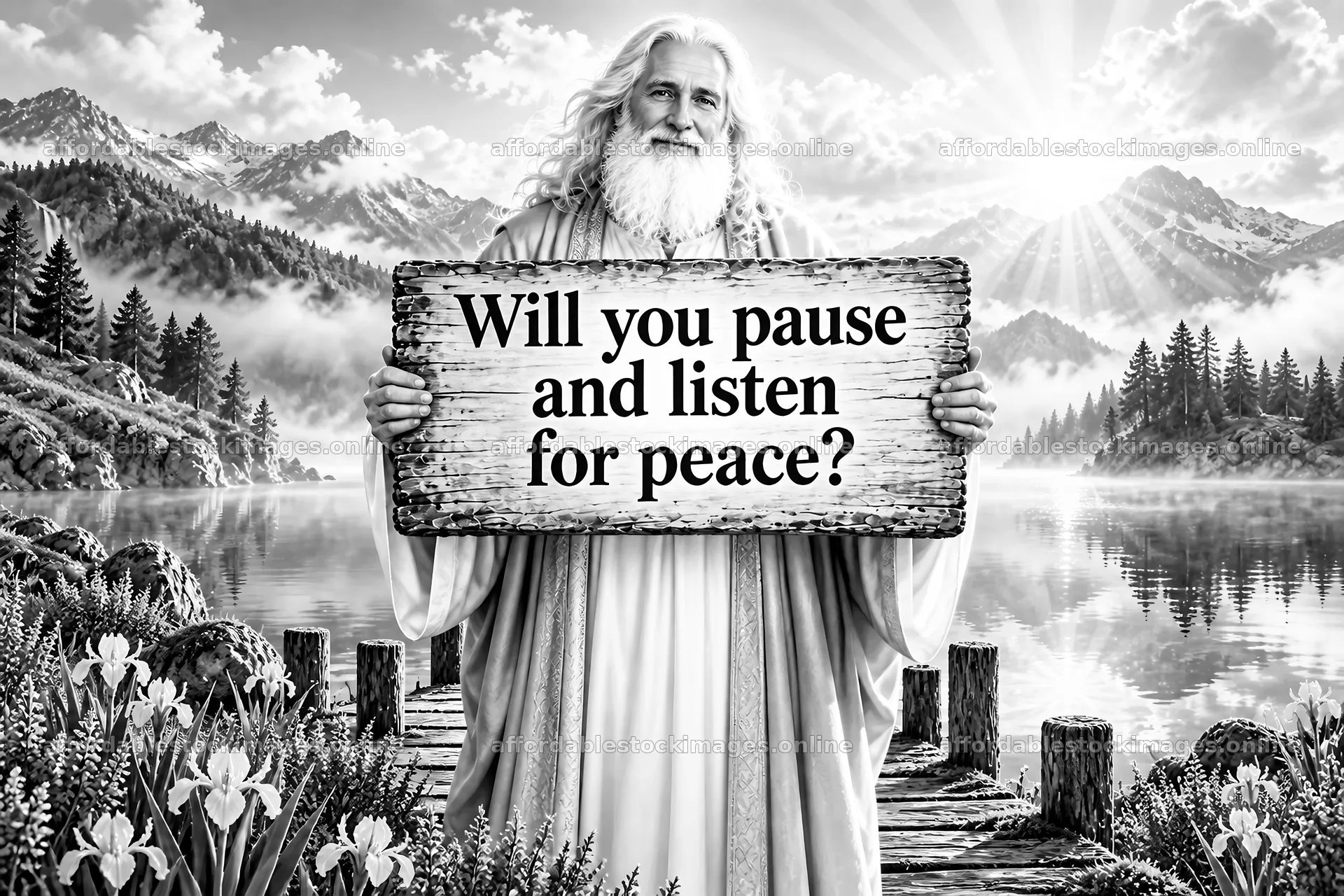 Jesus Christ holding a sign inviting viewers to listen for peace – stock images 9487x6325