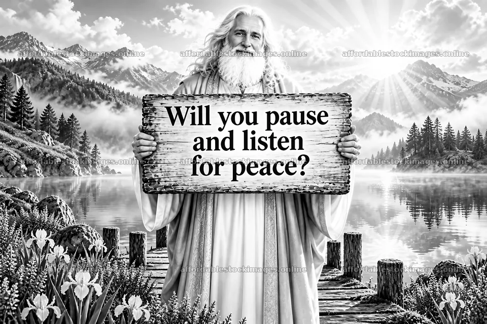 Jesus Christ holding a sign inviting viewers to listen for peace – stock images 9487x6325