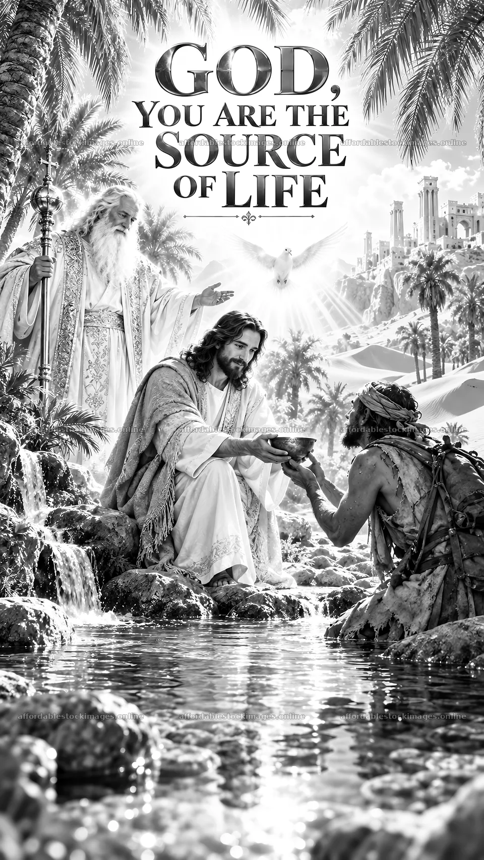 Jesus Christ sharing food with a suffering man by a stream – stock images 5811x10326