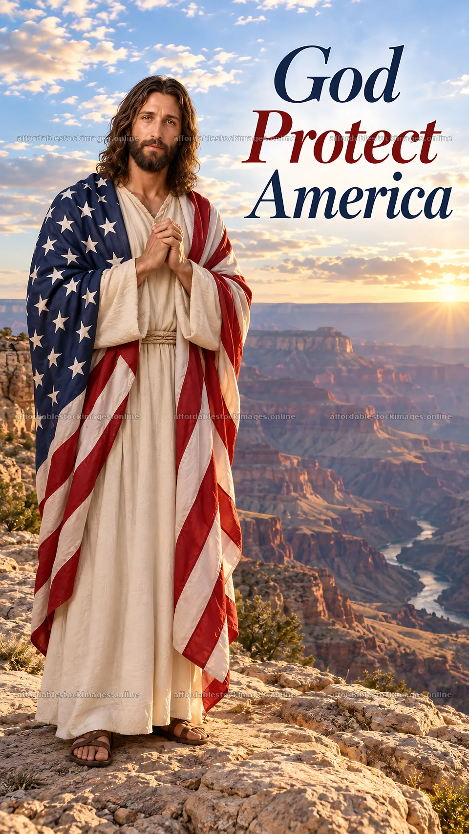 Jesus Christ standing on a cliff with an American flag – stock images 5811x10326