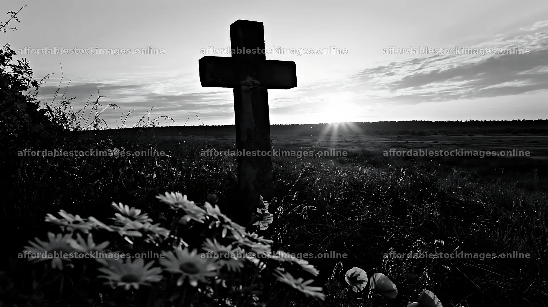 Christian cross with sunrise over meadow and flowers – stock images 10608x5938
