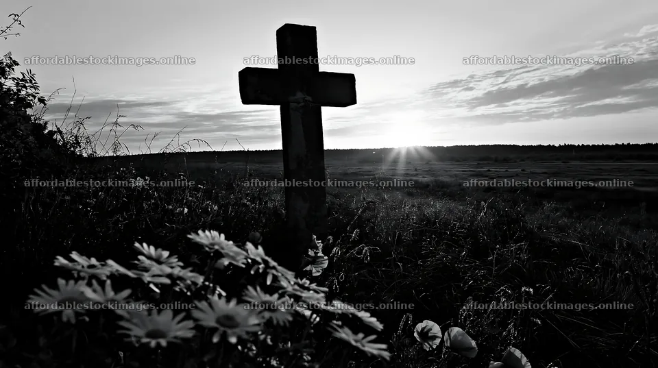 Christian cross with sunrise over meadow and flowers – stock images 10608x5938