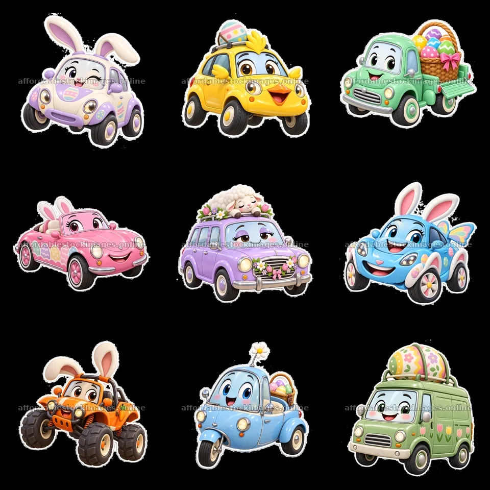 Easter-themed cartoon cars with cute animal designs in grid – stock images 7746x7746
