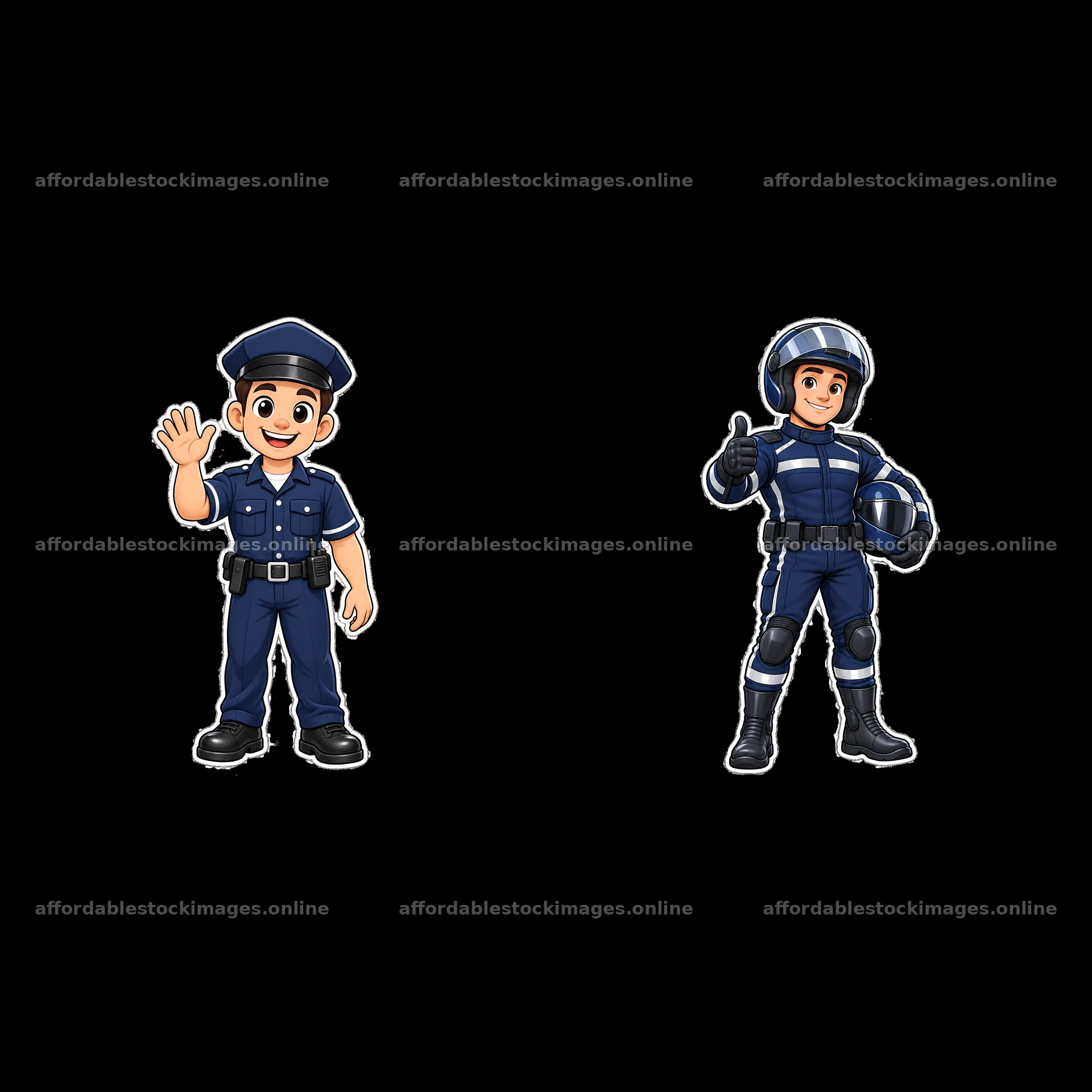 Cartoon police officer and police motorcycle rider characters – stock images 7746x7746