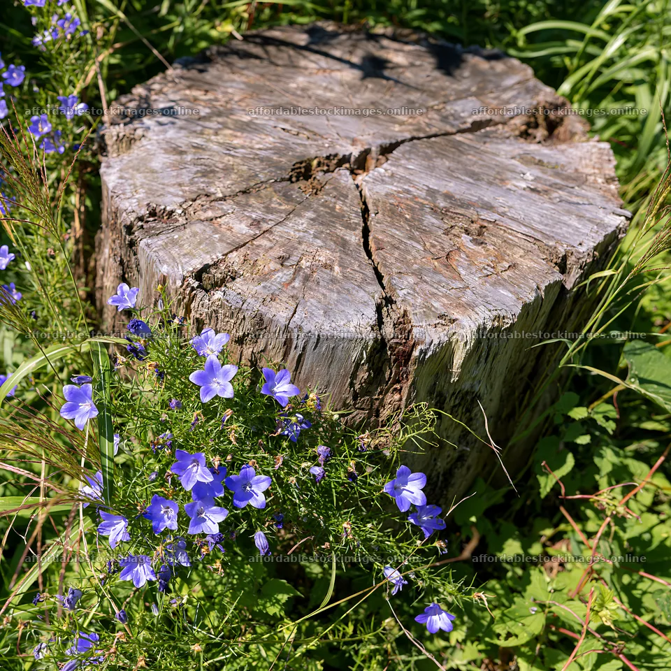 Fukushima native meadow with weathered stump and blue flowers – stock images 7938x7938