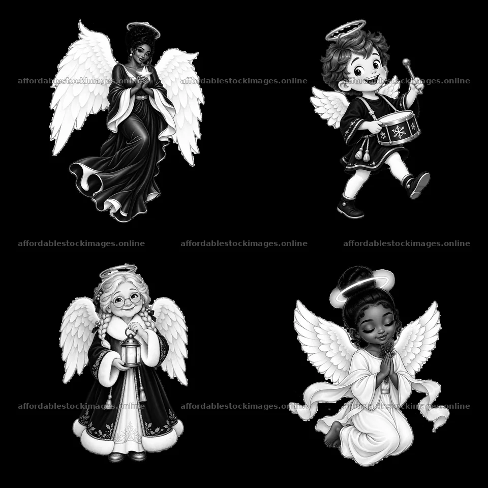 Christmas angels in black and white 2x2 cartoon sticker set – stock images 7746x7746