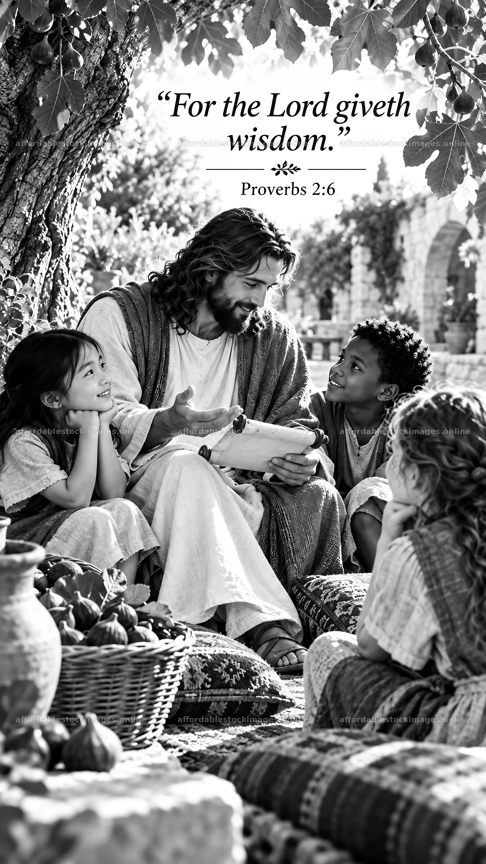 Jesus Christ teaching children by a tree – stock images 5811x10326