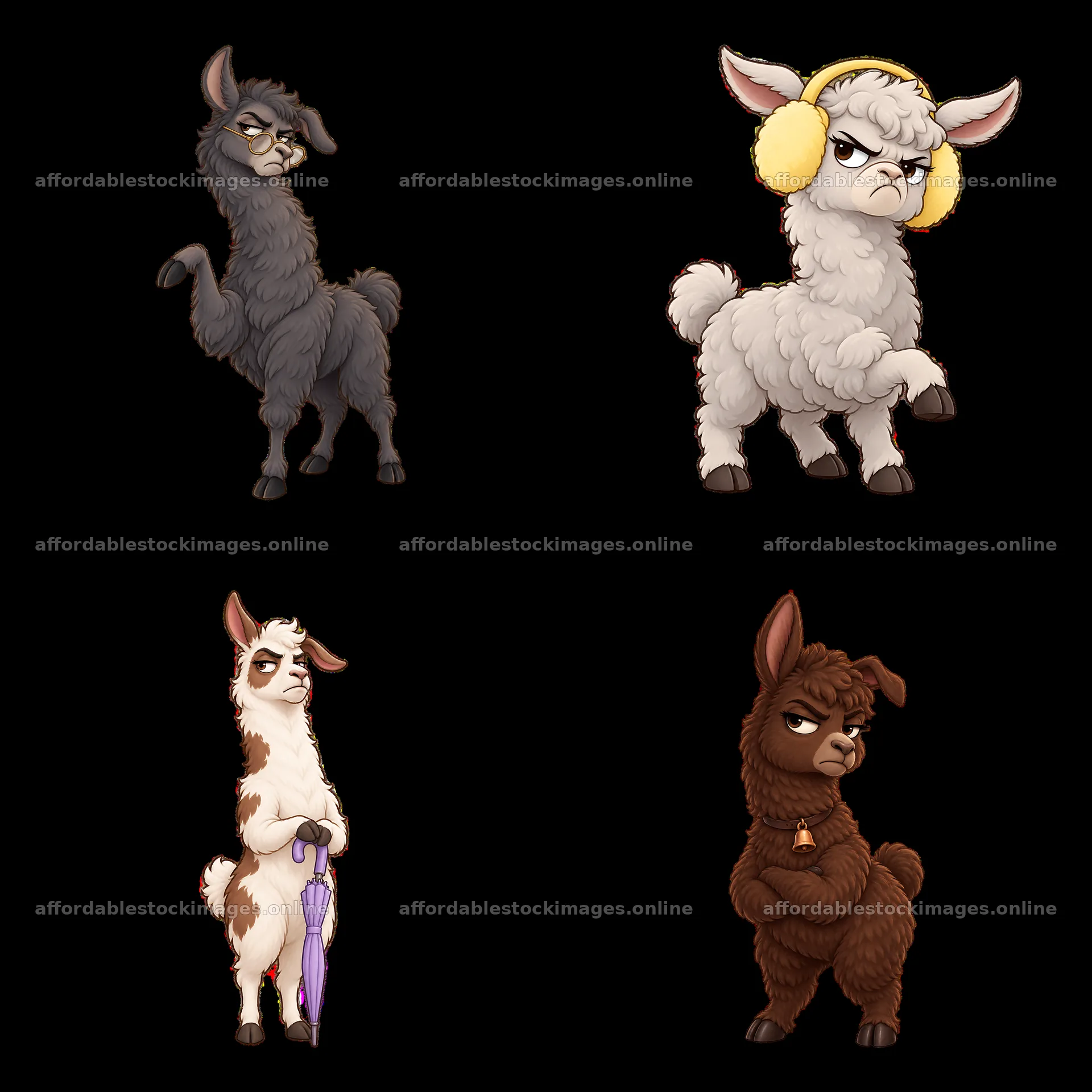 Grumpy llamas with distinct poses and expressions in a square – stock images 7746x7746