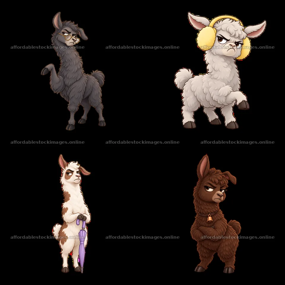 Grumpy llamas with distinct poses and expressions in a square – stock images 7746x7746