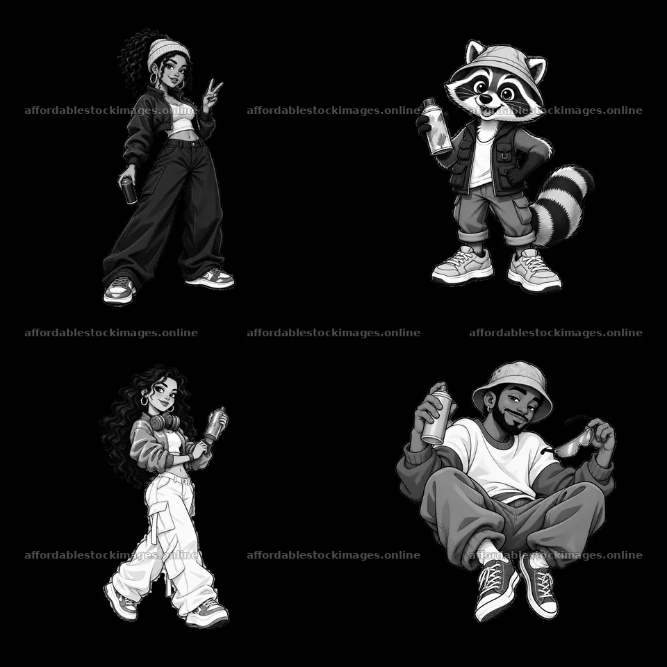 Cool graffiti sprayer characters in monochrome sticker design – stock images 7746x7746