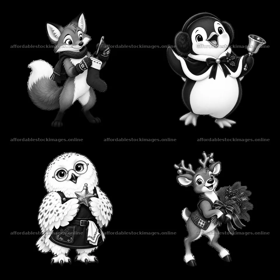 Cartoon animals celebrating Christmas near a fireplace – stock images 7746x7746