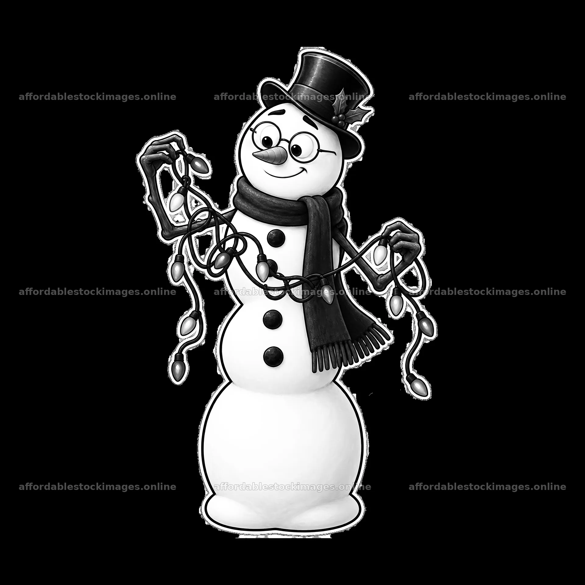 Snowman holding string lights with a hat and scarf – stock images 7746x7746