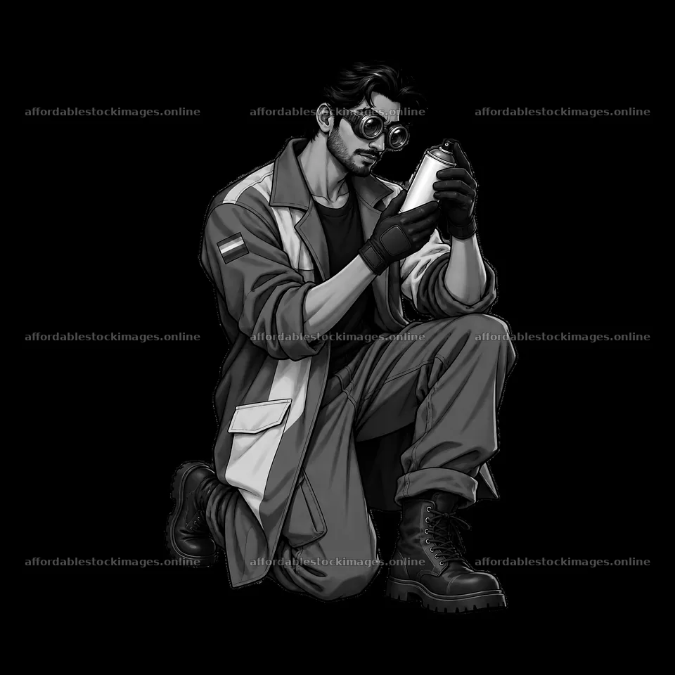 Gay graffiti spray painter kneeling and holding spray can – stock images 7746x7746