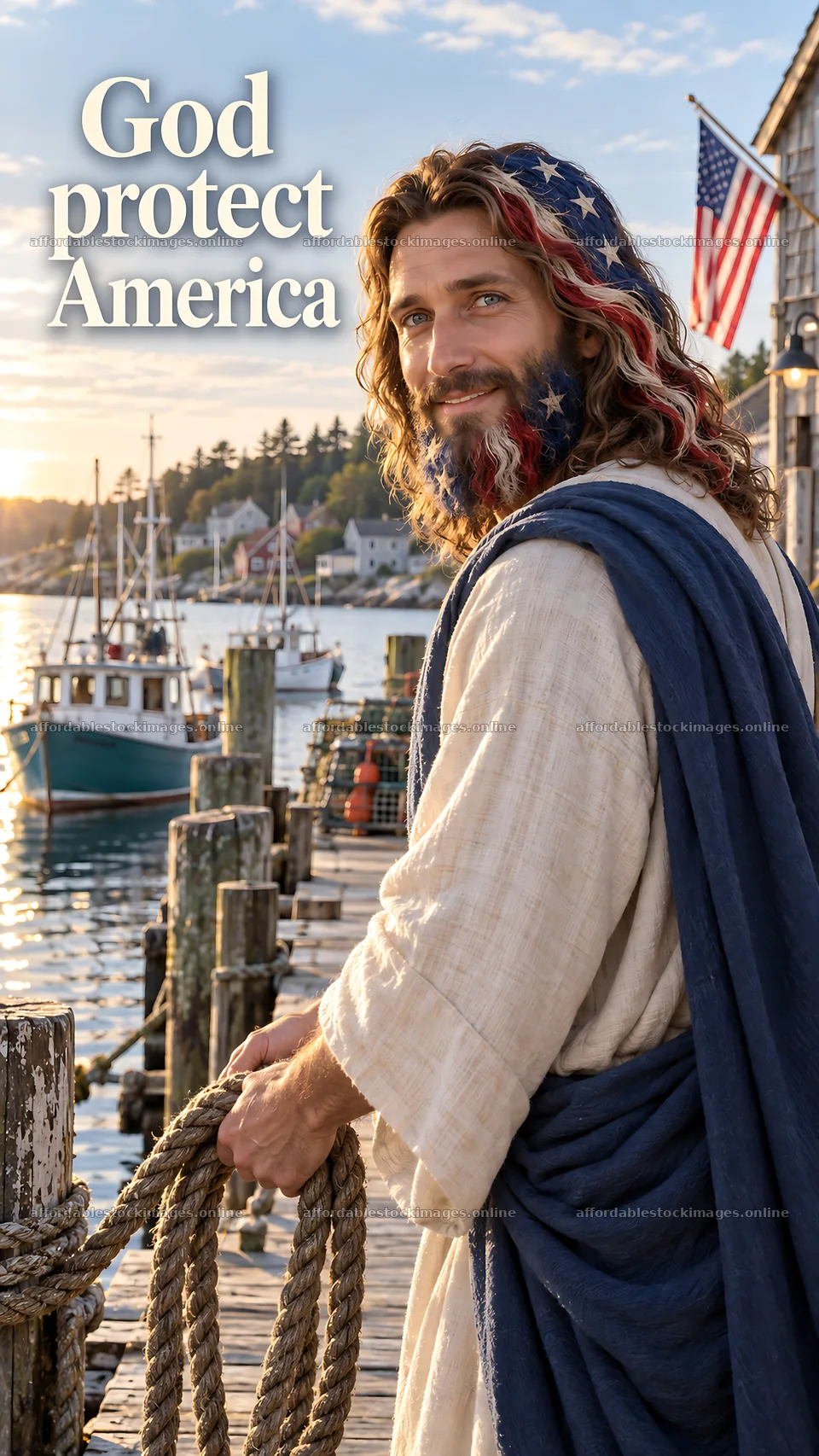 Jesus Christ welcomes viewers on the dock by the harbor – stock images 5811x10326