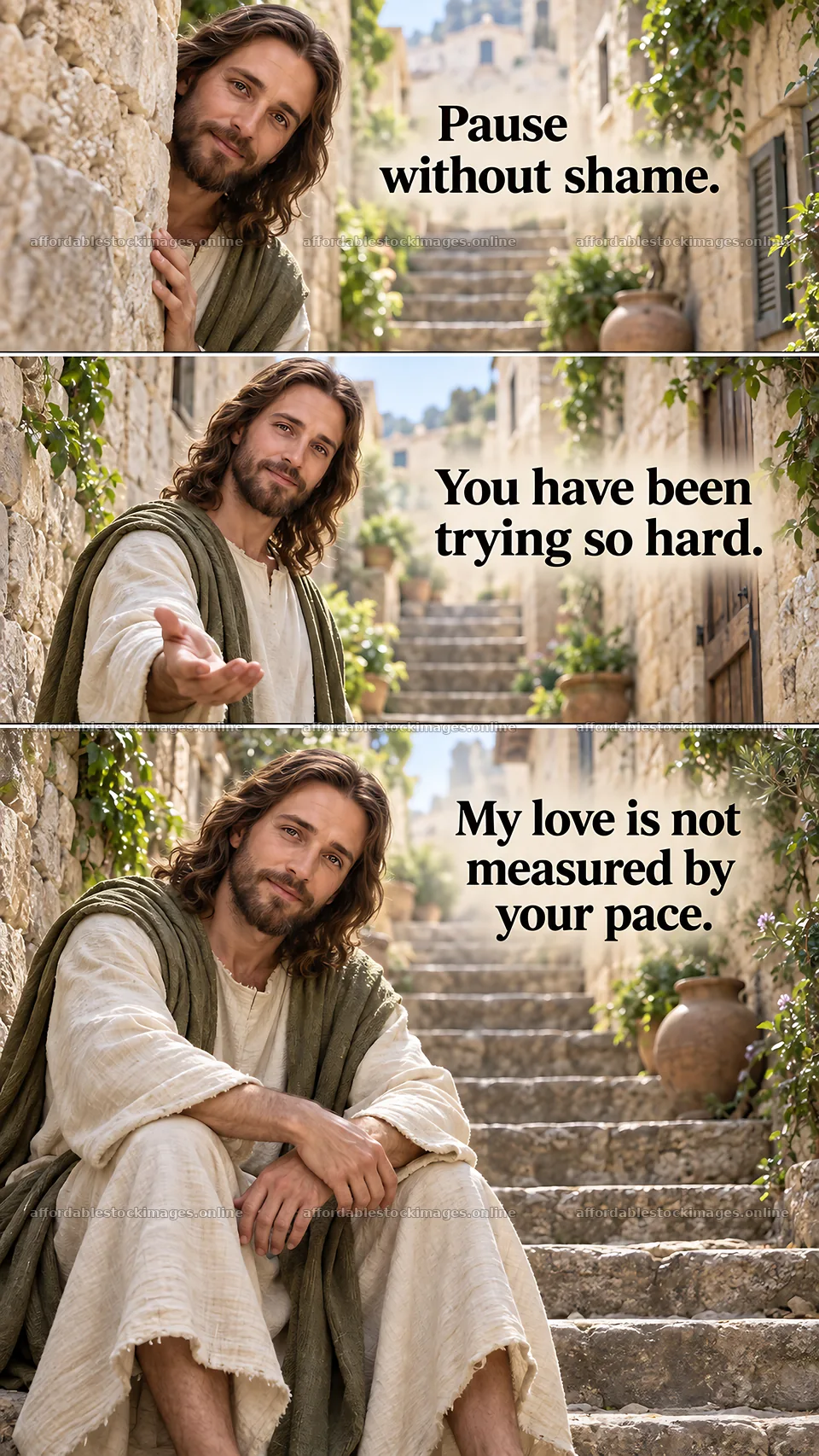 Jesus Christ inviting with open hands in a stone pathway – stock images 5811x10326
