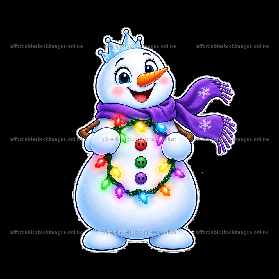 Snowman holding string lights with a crown and scarf – stock images 7746x7746