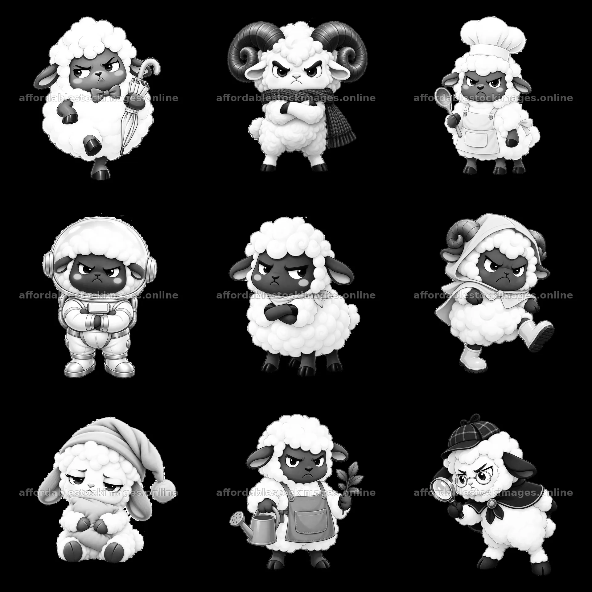 Kawaii grumpy sheep characters in various themed outfits – stock images 7746x7746