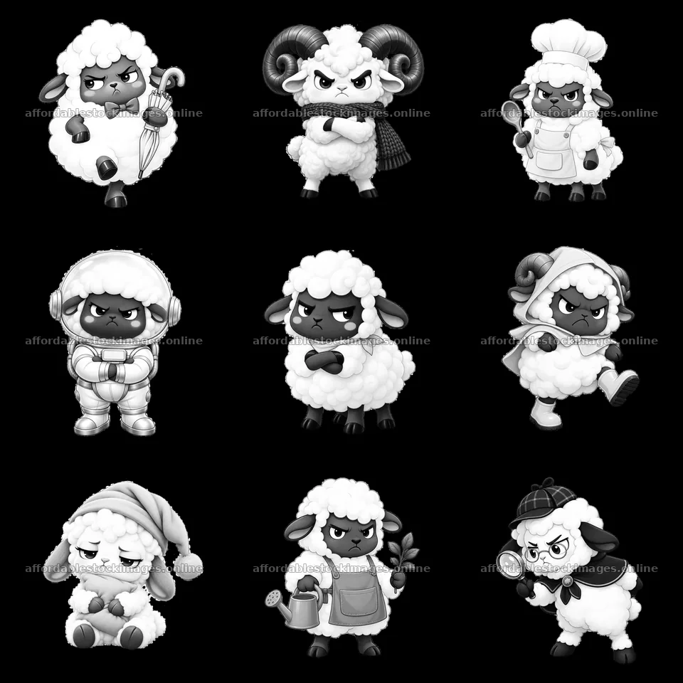Kawaii grumpy sheep characters in various themed outfits – stock images 7746x7746