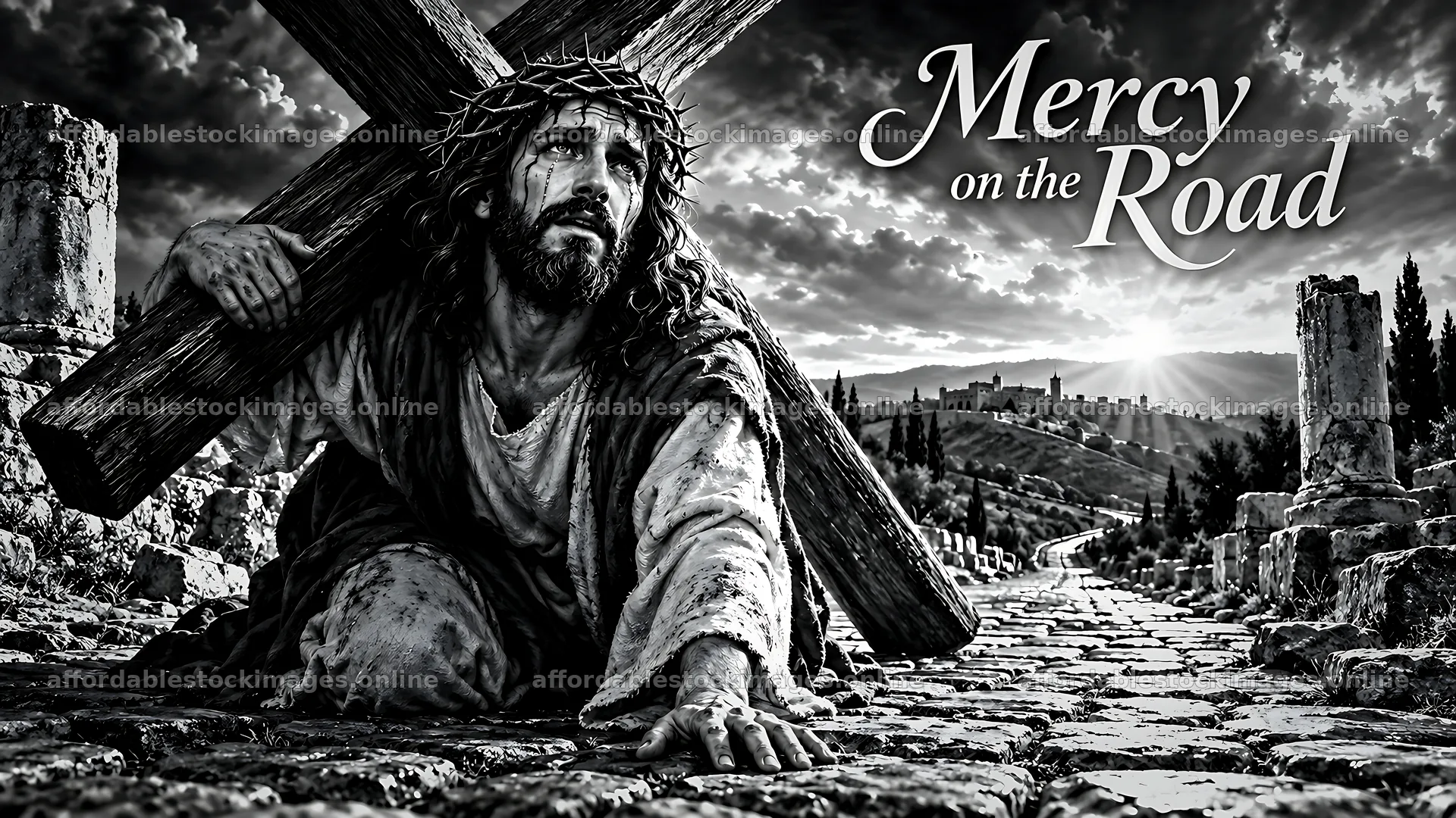 Mercy on the road through the ancient landscape – stock images 10580x5954