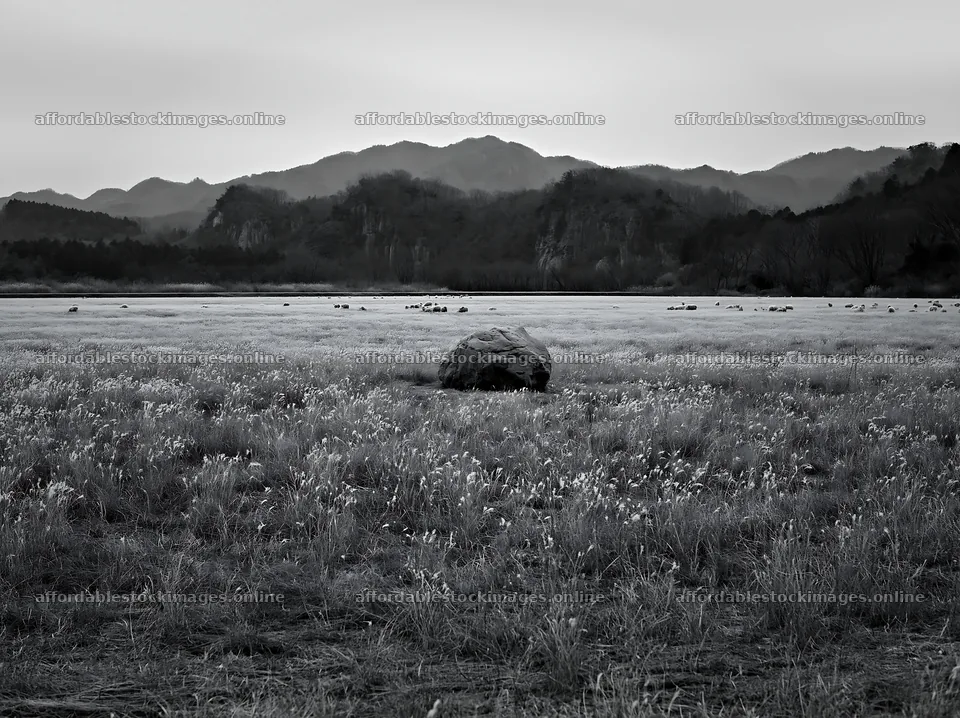 Yamaguchi limestone meadow with pale boulder in black and white – stock images 9174x6866