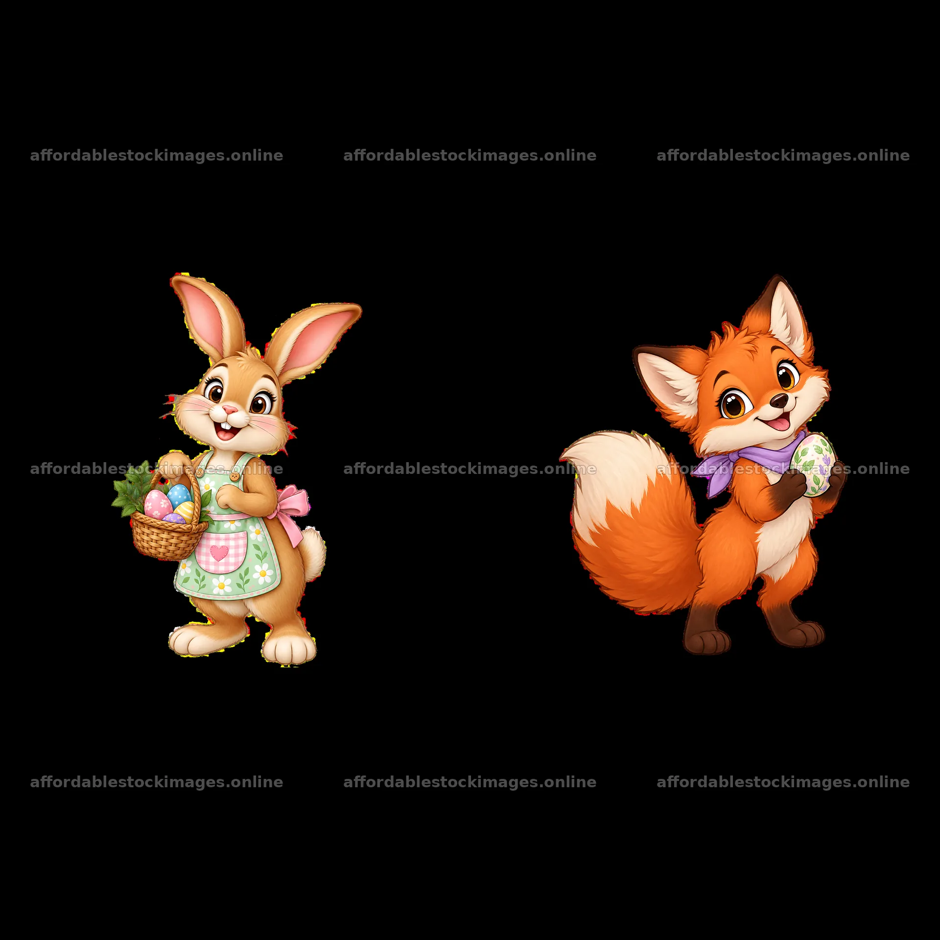Easter bunny and fox holding decorated eggs in meadow – stock images 7746x7746