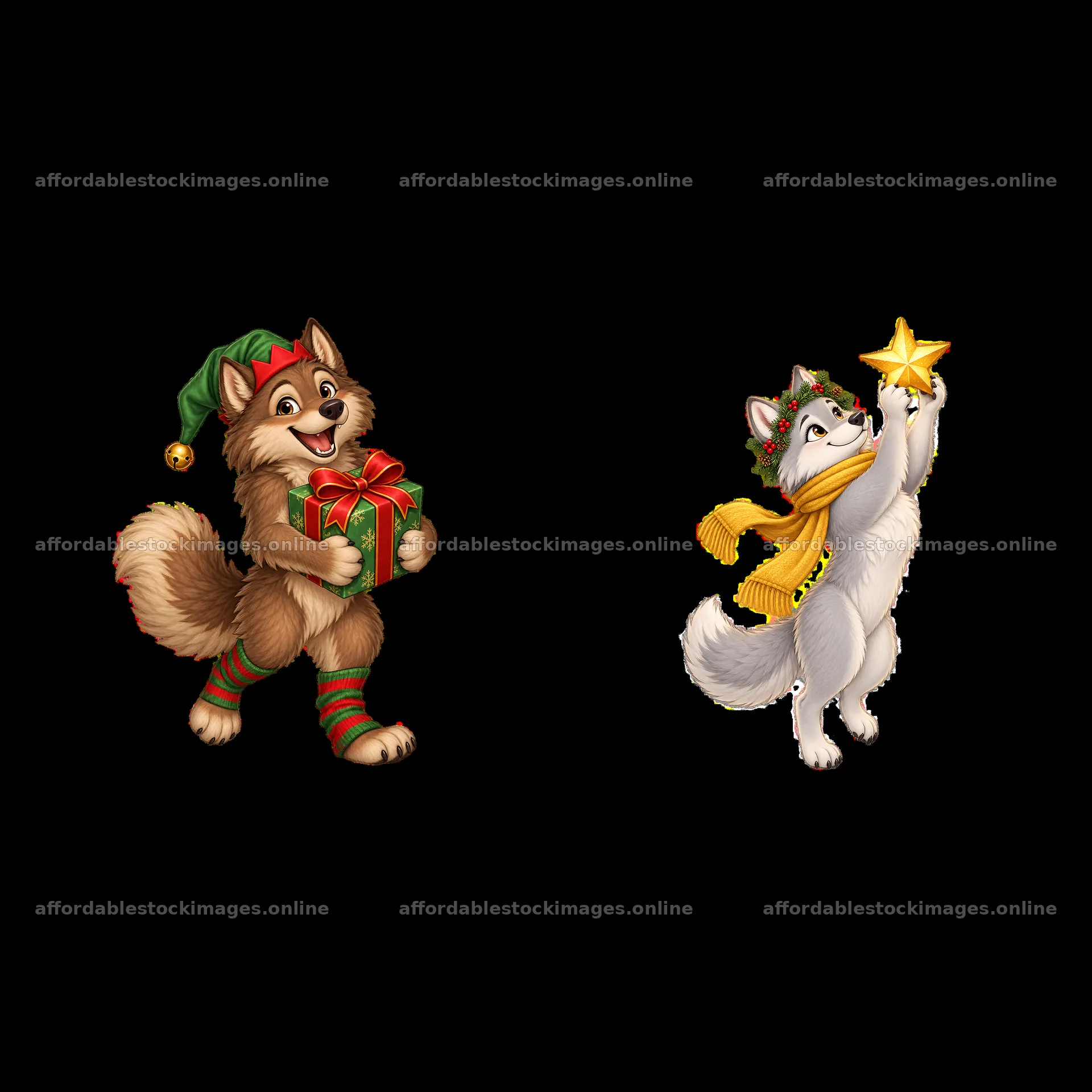Christmas wolves holding gifts and stars together – stock images 7746x7746