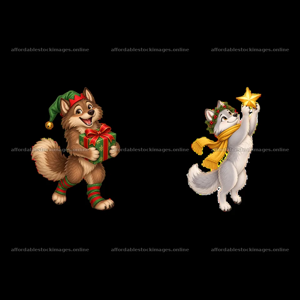 Christmas wolves holding gifts and stars together – stock images 7746x7746